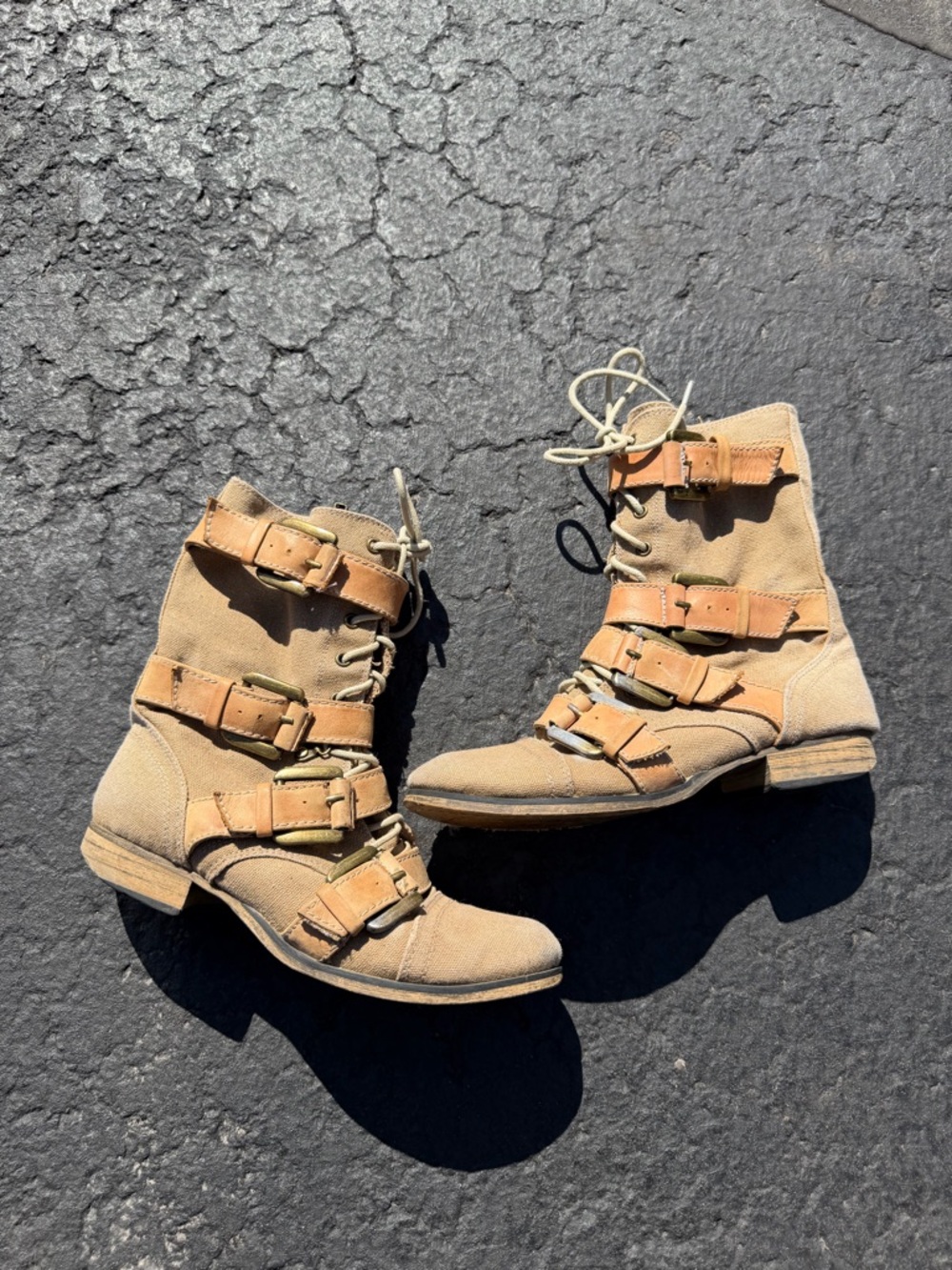 Vintage Tan Lace-Up Leather Buckle Wooden Sole Combat Boots Aldo Size 7 Hippie